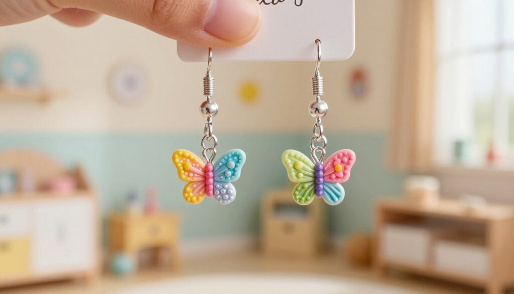 A close-up of delicate children's earrings designed for sensitive skin, featuring small, colorful designs like butterflies and flowers made of hypoallergenic materials. The foreground highlights the earrings, showcasing their fine details and textures, glimmering gently under soft, natural daylight. The middle layer includes a subtle, blurred backdrop of a cozy children's room, with pastel-colored walls and playful decor, creating a safe and inviting atmosphere. The lighting is warm and gentle, enhancing the earrings' vibrant colors while maintaining a soft-focus effect on the background. The mood is cheerful and reassuring, perfect for illustrating jewelry that is safe and comfortable for children. A close-up of delicate children's earrings designed for sensitive skin, featuring small, colorful designs like butterflies and flowers made of hypoallergenic materials. The foreground highlights the earrings, showcasing their fine details and textures, glimmering gently under soft, natural daylight. The middle layer includes a subtle, blurred backdrop of a cozy children's room, with pastel-colored walls and playful decor, creating a safe and inviting atmosphere. The lighting is warm and gentle, enhancing the earrings' vibrant colors while maintaining a soft-focus effect on the background. The mood is cheerful and reassuring, perfect for illustrating jewelry that is safe and comfortable for children.