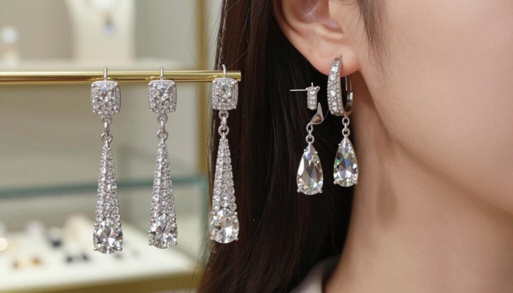 A close-up of elegant earrings designed specifically for square-shaped faces, showcasing a variety of styles such as elongated drops and delicate hoops that visually soften features and create an optical illusion of length. The earrings are adorned with shimmering gemstones and intricate details, set against a blurred backdrop that hints at a polished jewelry display. Soft, natural lighting highlights the sparkle of the earrings while casting gentle shadows, enhancing their three-dimensionality. The mood is sophisticated and inviting, drawing attention to the beauty of accessories that enhance confidence and style. Capture this scene with a shallow depth of field to maintain focus on the earrings, ensuring a professional and chic presentation suitable for a fashion-focused article. A close-up of elegant earrings designed specifically for square-shaped faces, showcasing a variety of styles such as elongated drops and delicate hoops that visually soften features and create an optical illusion of length. The earrings are adorned with shimmering gemstones and intricate details, set against a blurred backdrop that hints at a polished jewelry display. Soft, natural lighting highlights the sparkle of the earrings while casting gentle shadows, enhancing their three-dimensionality. The mood is sophisticated and inviting, drawing attention to the beauty of accessories that enhance confidence and style. Capture this scene with a shallow depth of field to maintain focus on the earrings, ensuring a professional and chic presentation suitable for a fashion-focused article.