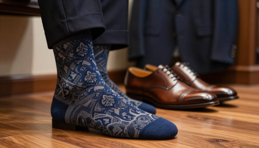 A close-up of elegant formal socks designed for pairing with brown shoes, displayed prominently in the foreground. The socks feature intricate patterns in deep blue and gray hues, showcasing a perfect blend of sophistication and style. In the middle ground, a pair of polished brown leather dress shoes sit on a well-polished wooden floor, adding a touch of warmth and luxury. The background consists of a softly blurred image of a well-tailored dark suit jacket hanging on a stylish hanger, enhancing the formal atmosphere. The lighting is warm and inviting, creating a cozy yet professional mood. Capture the scene from a slightly angled perspective, focusing on the textures and colors, ensuring no text or distractions are present. A close-up of elegant formal socks designed for pairing with brown shoes, displayed prominently in the foreground. The socks feature intricate patterns in deep blue and gray hues, showcasing a perfect blend of sophistication and style. In the middle ground, a pair of polished brown leather dress shoes sit on a well-polished wooden floor, adding a touch of warmth and luxury. The background consists of a softly blurred image of a well-tailored dark suit jacket hanging on a stylish hanger, enhancing the formal atmosphere. The lighting is warm and inviting, creating a cozy yet professional mood. Capture the scene from a slightly angled perspective, focusing on the textures and colors, ensuring no text or distractions are present.