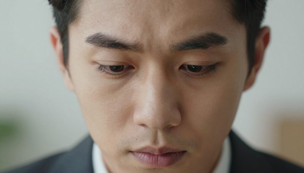 A close-up portrait of a person with pronounced dark circles under their eyes, depicting signs of tiredness and stress. The foreground features the individual’s face in a well-lit, softly diffused light, capturing the texture of the skin with clarity. The person's expression is one of contemplation, wearing professional business attire to convey a serious tone. In the middle ground, subtle shadowing enhances the contours of the face, making the dark circles more prominent as a focus point. The background is softly blurred, suggesting a neutral environment that does not distract from the subject. The overall mood is somber yet reflective, illustrating the impact of fatigue on skin appearance. Fine details like the individual's eye color and natural hair texture add authenticity to the image.