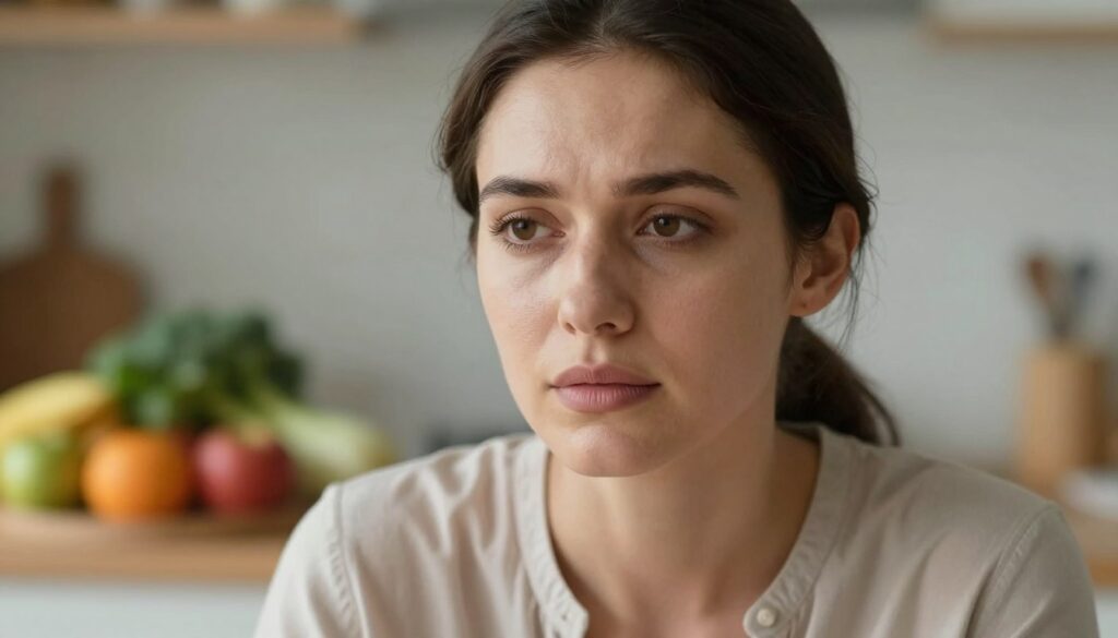 A close-up portrait of a professional woman in her early thirties, looking thoughtfully at the camera, with visible dark circles under her eyes, showcasing signs of fatigue. Her expression conveys a blend of determination and softness, dressed in a modest, stylish blouse. Soft, natural lighting enhances her features, emphasizing the skin around her eyes. The background is gently blurred, hinting at a cozy, warmly lit kitchen environment filled with fresh fruits and vegetables, symbolizing healthy eating habits. The overall mood is introspective and serene, inviting the viewer to reflect on the impact of nutrition on skin health. The camera angle is slightly above eye level, creating a relatable and engaging perspective.