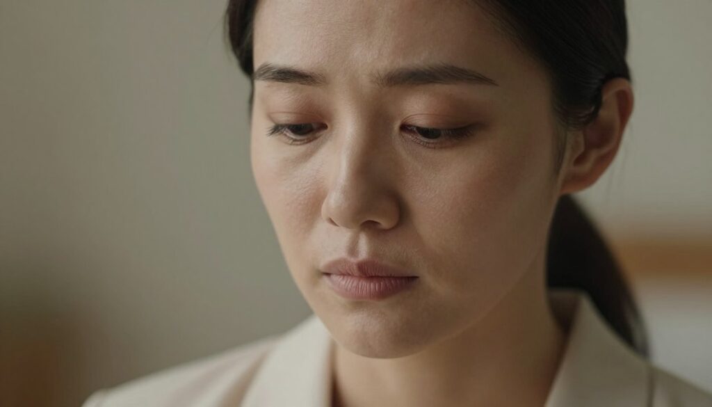 A close-up portrait of a woman in her 30s, showcasing tired eyes with visible dark circles and a weary expression. Her skin has a soft, neutral tone, emphasizing the contrast of the shadows under her eyes. She is wearing modest, professional attire, such as a light blouse. The background is softly blurred, creating a calm atmosphere, with warm, diffused lighting highlighting her facial features. The focus is on her eyes, conveying a sense of fatigue and the need for rejuvenation. This image should evoke empathy and a desire for effective skincare solutions, capturing the essence of skin imperfections related to tiredness.