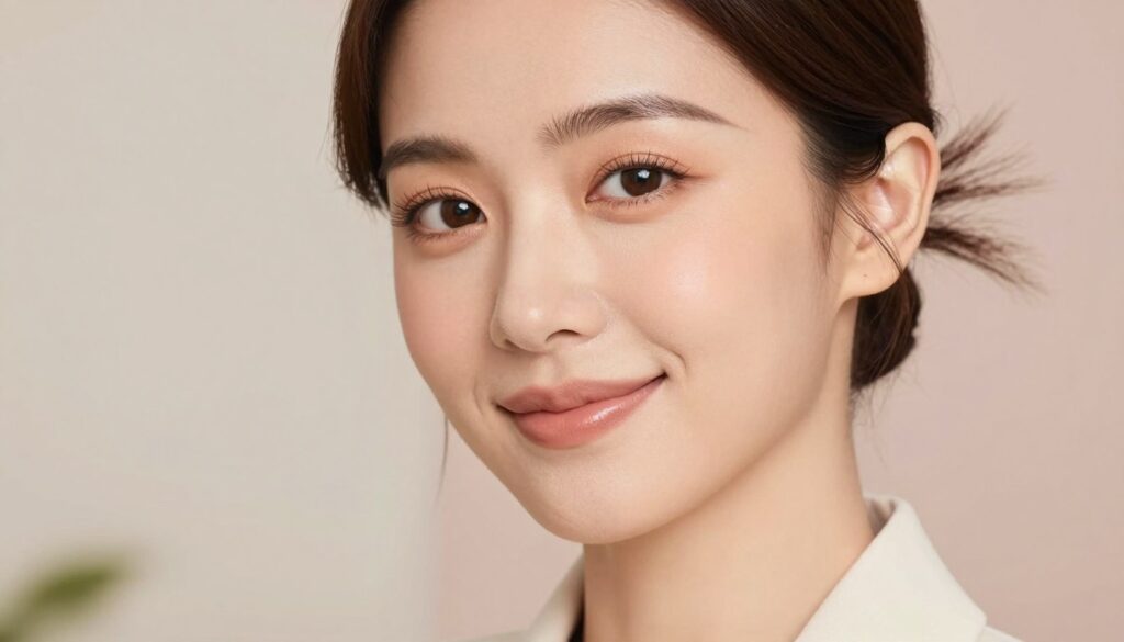 A close-up portrait of a woman showcasing a natural makeup look that highlights her features while emphasizing her glowing skin. She is wearing professional, modest casual attire, with soft, diffused lighting creating a warm, inviting atmosphere. Her expression is serene and confident, reflecting beauty and poise. In the foreground, focus on her expertly blended makeup, including subtle foundation, a hint of blush, and soft, earthy tones on her eyelids. The middle ground features her gently turned face, highlighting her smile and bright eyes, while the background is softly blurred, featuring soft pastel colors that complement the overall mood of tranquility and elegance. The angle is slightly above eye level to capture both the subject's features and the artistry of the makeup. A close-up portrait of a woman showcasing a natural makeup look that highlights her features while emphasizing her glowing skin. She is wearing professional, modest casual attire, with soft, diffused lighting creating a warm, inviting atmosphere. Her expression is serene and confident, reflecting beauty and poise. In the foreground, focus on her expertly blended makeup, including subtle foundation, a hint of blush, and soft, earthy tones on her eyelids. The middle ground features her gently turned face, highlighting her smile and bright eyes, while the background is softly blurred, featuring soft pastel colors that complement the overall mood of tranquility and elegance. The angle is slightly above eye level to capture both the subject's features and the artistry of the makeup.