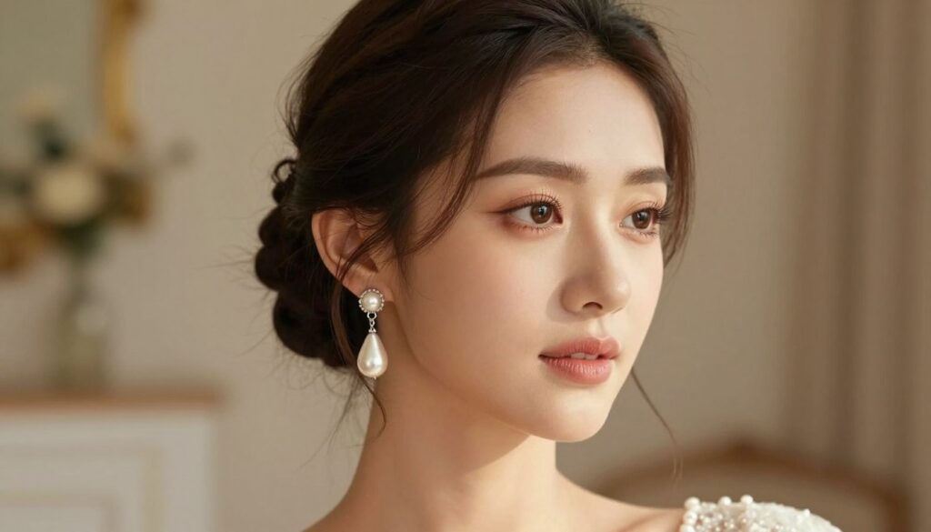 A close-up portrait of a woman showcasing elegant earrings, a sophisticated hairstyle, and tasteful makeup. The foreground features sparkling pearl drop earrings, perfectly framing her face, which is enhanced with a soft, natural makeup look, highlighting her eyes and cheekbones. Her hair is styled in an elegant updo, with a few delicate strands cascading down. The middle ground presents a subtly blurred backdrop of a chic, softly lit room, decorated for a wedding, providing a warm and inviting atmosphere. Gentle golden light illuminates her features, creating a dreamy, romantic mood. The image is shot from a slight angle above, emphasizing the balance between her jewelry, hairstyle, and makeup, illustrating harmony and elegance. A close-up portrait of a woman showcasing elegant earrings, a sophisticated hairstyle, and tasteful makeup. The foreground features sparkling pearl drop earrings, perfectly framing her face, which is enhanced with a soft, natural makeup look, highlighting her eyes and cheekbones. Her hair is styled in an elegant updo, with a few delicate strands cascading down. The middle ground presents a subtly blurred backdrop of a chic, softly lit room, decorated for a wedding, providing a warm and inviting atmosphere. Gentle golden light illuminates her features, creating a dreamy, romantic mood. The image is shot from a slight angle above, emphasizing the balance between her jewelry, hairstyle, and makeup, illustrating harmony and elegance.