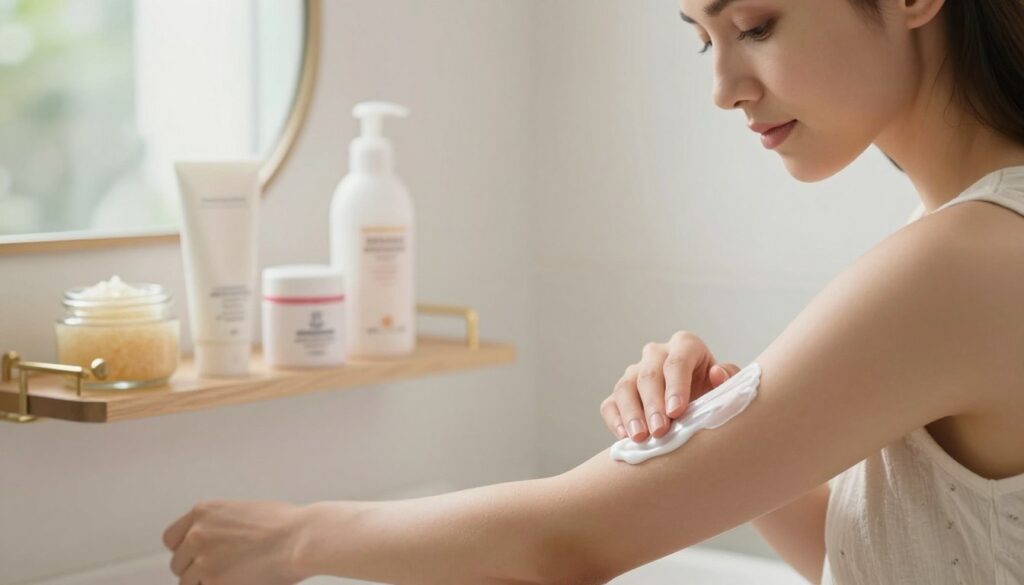 A close-up scene showcasing the preparation of skin for depilation, featuring a serene, well-lit bathroom setting. In the foreground, a professional-looking woman, dressed in modest casual attire, gently applies a soothing lotion to her arm with care and focus. Her expression reflects concentration and commitment to skin health. In the middle, a stylish shelf holds skincare products like exfoliating scrub, moisturizing cream, and depilatory tools, emphasizing the importance of preparation. The background displays soft, diffused natural light streaming in from a window, creating a calm and inviting atmosphere. The overall mood conveys a sense of self-care, highlighting the key principles of skin preparation before depilation, while avoiding any explicit or suggestive elements.