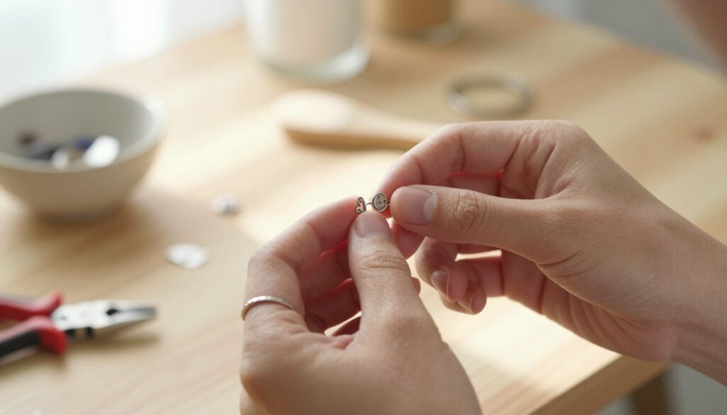 A close-up shot of a person’s hands gently attempting to unscrew an intricately designed earring. The hands are adorned with modest rings, showcasing a delicate, careful technique. The background captures a soft, well-lit setting, with a wooden table featuring tools like pliers and a small bowl filled with household items, hinting at alternative methods for removing a stubborn earring. Natural light streams in from the side, creating a warm and inviting atmosphere. The focus is sharp on the hands and the earring, while the background blurs softly, enhancing the subject matter. The overall mood is encouraging and resourceful, reflecting a DIY spirit. A close-up shot of a person’s hands gently attempting to unscrew an intricately designed earring. The hands are adorned with modest rings, showcasing a delicate, careful technique. The background captures a soft, well-lit setting, with a wooden table featuring tools like pliers and a small bowl filled with household items, hinting at alternative methods for removing a stubborn earring. Natural light streams in from the side, creating a warm and inviting atmosphere. The focus is sharp on the hands and the earring, while the background blurs softly, enhancing the subject matter. The overall mood is encouraging and resourceful, reflecting a DIY spirit.