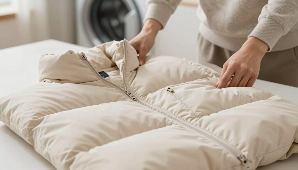 A close-up shot of a well-prepared down jacket on a neutral backdrop, showcasing its soft, fluffy texture. In the foreground, the down jacket is laid out, with visible attention to detail like zippers, stitching, and tags, indicating care instructions. In the middle ground, a pair of hands gently handling the jacket, wearing modest casual clothing, ensuring the jacket is ready for washing. The background is softly blurred, hinting at a laundry area with subtle lighting that creates a warm, inviting atmosphere. The overall mood is calm and organized, emphasizing the importance of proper garment preparation for safe washing. The image captures the process of maintaining the jacket's integrity without any text or distractions. A close-up shot of a well-prepared down jacket on a neutral backdrop, showcasing its soft, fluffy texture. In the foreground, the down jacket is laid out, with visible attention to detail like zippers, stitching, and tags, indicating care instructions. In the middle ground, a pair of hands gently handling the jacket, wearing modest casual clothing, ensuring the jacket is ready for washing. The background is softly blurred, hinting at a laundry area with subtle lighting that creates a warm, inviting atmosphere. The overall mood is calm and organized, emphasizing the importance of proper garment preparation for safe washing. The image captures the process of maintaining the jacket's integrity without any text or distractions.