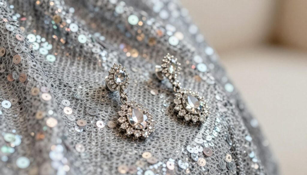 A close-up shot of elegant earrings designed to complement a sequined dress, showcasing a harmonious blend of shimmering silver and subtle pastel colors. The foreground features intricately detailed earrings, adorned with delicate gemstones that reflect light softly, without overwhelming the viewer. In the middle ground, a sequined fabric glistens in shades of silver and muted tones, providing a backdrop that emphasizes the jewelry's elegance. The background is softly blurred, suggesting a refined ambiance with gentle, diffused lighting that creates a warm, inviting atmosphere. The overall mood is one of sophistication and grace, capturing the essence of balance between the jewelry and the sparkle of the sequins. A close-up shot of elegant earrings designed to complement a sequined dress, showcasing a harmonious blend of shimmering silver and subtle pastel colors. The foreground features intricately detailed earrings, adorned with delicate gemstones that reflect light softly, without overwhelming the viewer. In the middle ground, a sequined fabric glistens in shades of silver and muted tones, providing a backdrop that emphasizes the jewelry's elegance. The background is softly blurred, suggesting a refined ambiance with gentle, diffused lighting that creates a warm, inviting atmosphere. The overall mood is one of sophistication and grace, capturing the essence of balance between the jewelry and the sparkle of the sequins.