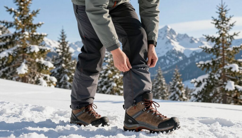 A close-up view of a hiker in a snowy mountain setting, adjusting the cuff of their insulated winter pants to fit snugly over rugged trekking boots. The foreground captures the detail of the fabric texture and the fit of the pants, showcasing waterproof and breathable materials. In the middle ground, snow-covered pine trees frame the hiker, reflecting a serene, chilly winter atmosphere. The background features a majestic mountain range under a clear blue sky, with soft sunlight illuminating the scene, casting gentle shadows. The hiker is dressed in stylish, functional winter gear, highlighting the importance of comfort and protection against the elements. The overall mood is adventurous and inspiring, ideal for winter hiking enthusiasts. A close-up view of a hiker in a snowy mountain setting, adjusting the cuff of their insulated winter pants to fit snugly over rugged trekking boots. The foreground captures the detail of the fabric texture and the fit of the pants, showcasing waterproof and breathable materials. In the middle ground, snow-covered pine trees frame the hiker, reflecting a serene, chilly winter atmosphere. The background features a majestic mountain range under a clear blue sky, with soft sunlight illuminating the scene, casting gentle shadows. The hiker is dressed in stylish, functional winter gear, highlighting the importance of comfort and protection against the elements. The overall mood is adventurous and inspiring, ideal for winter hiking enthusiasts.