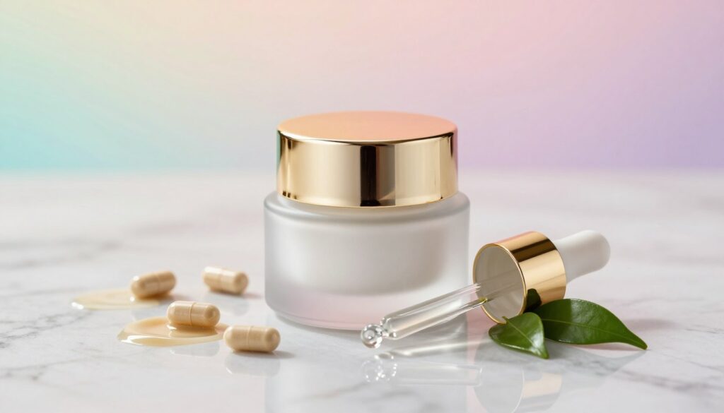 A close-up view of a luxurious eye cream jar, elegantly placed on a smooth marble surface. The jar is made of frosted glass with a golden lid, reflecting soft ambient light. In the foreground, a delicate dropper bottle filled with a clear serum and a few green leaves, symbolizing natural ingredients, add a refreshing touch. In the middle ground, artfully scattered around, are small capsules and eye cream swatches to hint at active ingredients like peptides and caffeine. The background is a gentle gradient of pastel colors, evoking a calming and serene atmosphere. Soft natural lighting enhances the textures and details of the products, creating a refined, inviting mood that emphasizes beauty and skincare.