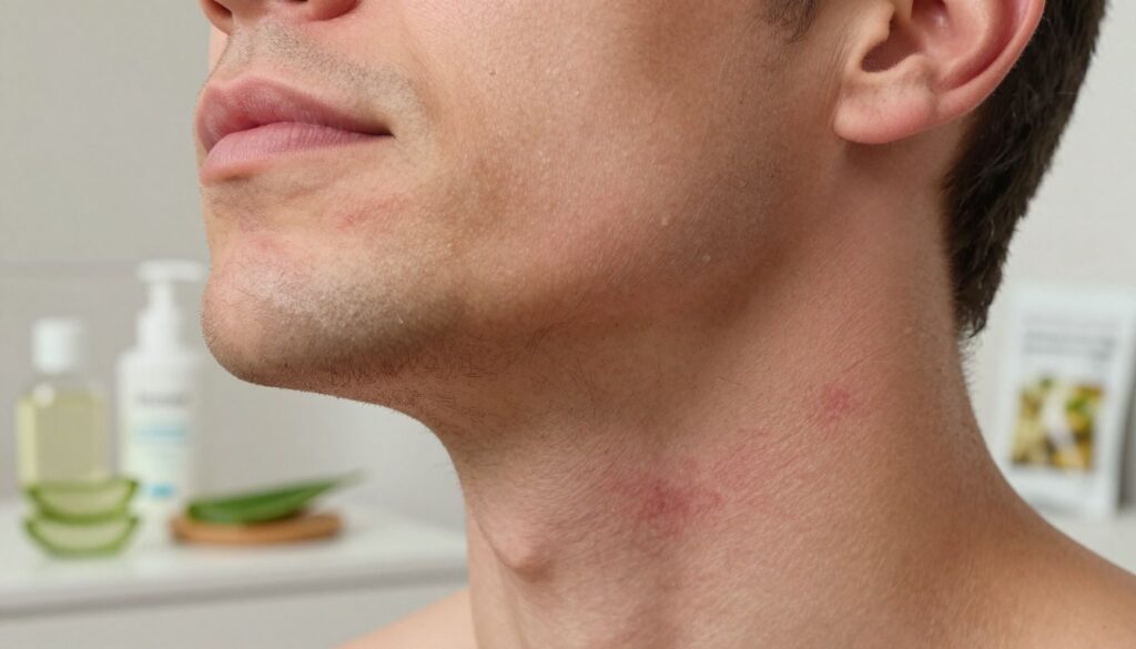 A close-up view of a masculine face, focusing on the lower half where red, inflamed ingrown hairs are visible after shaving, depicting "krostki goleniu." The skin shows various small white bumps across the jawline and neck area, indicating irritation. The lighting is soft and natural, highlighting the texture of the skin while creating a calm atmosphere. In the background, faintly blurred home remedies like aloe vera gel, a soothing lotion, and a bag of chamomile tea are arranged on a bathroom countertop, suggesting a relaxing environment conducive to healing. The image is composed using a macro lens to capture details, conveying empathy and the importance of self-care in skincare routines. A close-up view of a masculine face, focusing on the lower half where red, inflamed ingrown hairs are visible after shaving, depicting "krostki goleniu." The skin shows various small white bumps across the jawline and neck area, indicating irritation. The lighting is soft and natural, highlighting the texture of the skin while creating a calm atmosphere. In the background, faintly blurred home remedies like aloe vera gel, a soothing lotion, and a bag of chamomile tea are arranged on a bathroom countertop, suggesting a relaxing environment conducive to healing. The image is composed using a macro lens to capture details, conveying empathy and the importance of self-care in skincare routines.