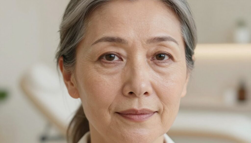 A close-up view of a middle-aged woman with elegant features, showcasing subtle under-eye wrinkles, reflecting the natural beauty of aging. Her skin is well-moisturized, highlighting a healthy glow. The foreground focuses on her face, capturing the natural texture of her skin while maintaining a soft and inviting expression. The middle ground features soft lighting that creates gentle shadows, accentuating her eyes and cheekbones. In the background, a blurred aesthetic clinic setting with soft colors conveys a sense of calm and professionalism. The overall mood is serene and contemplative, illustrating the theme of self-care and the consideration of aesthetic procedures in everyday life. The image is framed using a portrait lens, with a shallow depth of field to emphasize the subject. A close-up view of a middle-aged woman with elegant features, showcasing subtle under-eye wrinkles, reflecting the natural beauty of aging. Her skin is well-moisturized, highlighting a healthy glow. The foreground focuses on her face, capturing the natural texture of her skin while maintaining a soft and inviting expression. The middle ground features soft lighting that creates gentle shadows, accentuating her eyes and cheekbones. In the background, a blurred aesthetic clinic setting with soft colors conveys a sense of calm and professionalism. The overall mood is serene and contemplative, illustrating the theme of self-care and the consideration of aesthetic procedures in everyday life. The image is framed using a portrait lens, with a shallow depth of field to emphasize the subject.