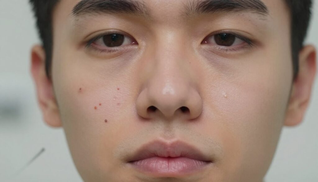A close-up view of a person's face focusing on the "triangle of death" area, which encompasses the forehead, nose, and upper lip. The skin should be depicted with natural tones, highlighting the importance of proper skincare while applying gentle lighting to emphasize texture and clarity. In the foreground, a subtle reflection captures a concerned expression, underscoring the significance of skincare awareness. The middle layer includes small, illustrative elements like comedones and inflamed areas, depicting the hazards of improper pimple extraction. In the background, softly blurred outlines of dermatological instruments suggest a clinical environment. The overall mood is serious and educational, encouraging viewers to prioritize skin health and safety in their skincare routines. A close-up view of a person's face focusing on the "triangle of death" area, which encompasses the forehead, nose, and upper lip. The skin should be depicted with natural tones, highlighting the importance of proper skincare while applying gentle lighting to emphasize texture and clarity. In the foreground, a subtle reflection captures a concerned expression, underscoring the significance of skincare awareness. The middle layer includes small, illustrative elements like comedones and inflamed areas, depicting the hazards of improper pimple extraction. In the background, softly blurred outlines of dermatological instruments suggest a clinical environment. The overall mood is serious and educational, encouraging viewers to prioritize skin health and safety in their skincare routines.