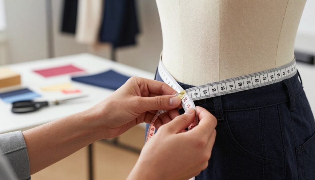 A close-up view of a professional measuring tape being used to measure hip circumference. In the foreground, a hand gently holds the measuring tape against a mannequin or a dressed model wearing smart casual attire, showcasing how to align the tape properly at the widest part of the hips. The middle background features a well-organized fashion workshop, with soft, neutral lighting that creates a calm and focused atmosphere. Tailoring tools, such as scissors and fabric swatches, are subtly visible but not distracting. The angle of the shot is slightly above eye level, emphasizing the action of taking measurements, while evoking a sense of professionalism and precision in the practice of taking body measurements for clothing fitting.