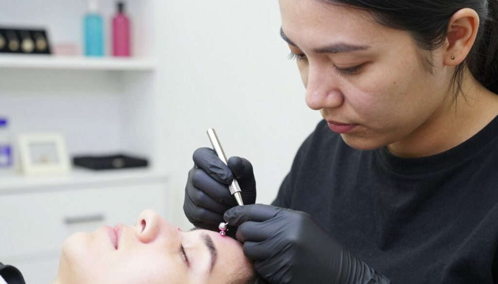A close-up view of a professional piercer in a bright, clean studio, carefully replacing a nose stud in a healed nostril with a pair of sterile tools. The piercer, wearing a modest black t-shirt and gloves, focuses intently on the client's nose, ensuring precision and care. The background features soft, blurred elements of the studio, like shelves of jewelry in various styles and colors, adding context without distraction. The lighting is bright and neutral, highlighting the intricate details of the jewelry and the gentle expression on the client's face, conveying a sense of calm and professionalism. The atmosphere feels reassuring and hygienic, appropriate for a personal care setting. A close-up view of a professional piercer in a bright, clean studio, carefully replacing a nose stud in a healed nostril with a pair of sterile tools. The piercer, wearing a modest black t-shirt and gloves, focuses intently on the client's nose, ensuring precision and care. The background features soft, blurred elements of the studio, like shelves of jewelry in various styles and colors, adding context without distraction. The lighting is bright and neutral, highlighting the intricate details of the jewelry and the gentle expression on the client's face, conveying a sense of calm and professionalism. The atmosphere feels reassuring and hygienic, appropriate for a personal care setting.