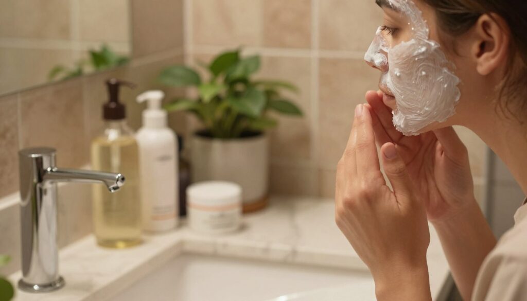 A close-up view of a serene bathroom scene, featuring a person in modest casual clothing, gently applying a nourishing, natural facial mask designed to combat closed comedones without irritation. The foreground shows the person's hands delicately smoothing the mask onto their cheeks, highlighting healthy skin. In the middle, there are neatly arranged skincare products, such as gentle exfoliators and soothing creams on a marble countertop. Soft, ambient lighting casts a warm glow, creating an inviting atmosphere. The background features a calming, earthy-toned tile wall and some green plants for a natural touch, emphasizing a holistic approach to skincare. The overall mood is soothing and peaceful, ideal for a self-care moment focused on skin health. A close-up view of a serene bathroom scene, featuring a person in modest casual clothing, gently applying a nourishing, natural facial mask designed to combat closed comedones without irritation. The foreground shows the person's hands delicately smoothing the mask onto their cheeks, highlighting healthy skin. In the middle, there are neatly arranged skincare products, such as gentle exfoliators and soothing creams on a marble countertop. Soft, ambient lighting casts a warm glow, creating an inviting atmosphere. The background features a calming, earthy-toned tile wall and some green plants for a natural touch, emphasizing a holistic approach to skincare. The overall mood is soothing and peaceful, ideal for a self-care moment focused on skin health.