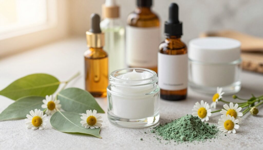 A close-up view of a serene skincare flat lay featuring essential active ingredients for unclogging pores. In the foreground, display fresh botanical elements such as tea tree leaves, chamomile flowers, and green clay, artfully arranged on a light, textured surface. The middle layer includes small, elegant glass containers filled with serums and creams, their labels facing outward, showcasing their vibrant colors. The background should contain soft, blurred hints of natural textures like wood or marble to evoke a calming atmosphere. The lighting is warm and inviting, mimicking soft sunlight filtering through a window, highlighting the freshness and purity of the ingredients. The composition should evoke a sense of tranquility and professionalism, perfect for a skincare article. A close-up view of a serene skincare flat lay featuring essential active ingredients for unclogging pores. In the foreground, display fresh botanical elements such as tea tree leaves, chamomile flowers, and green clay, artfully arranged on a light, textured surface. The middle layer includes small, elegant glass containers filled with serums and creams, their labels facing outward, showcasing their vibrant colors. The background should contain soft, blurred hints of natural textures like wood or marble to evoke a calming atmosphere. The lighting is warm and inviting, mimicking soft sunlight filtering through a window, highlighting the freshness and purity of the ingredients. The composition should evoke a sense of tranquility and professionalism, perfect for a skincare article.