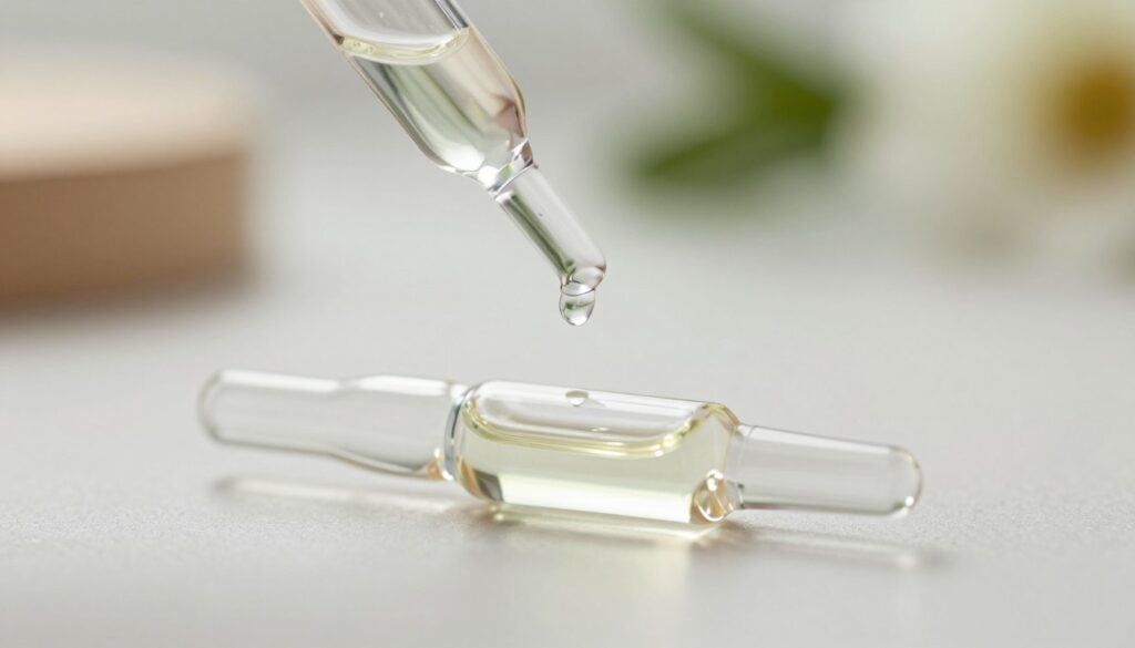 A close-up view of a transparent ampoule filled with a viscous, glowing solution representing hyaluronic acid, placed on a clean, reflective surface. In the foreground, the ampoule is sharply in focus, showcasing its intricate design and the light refracting through the liquid. The middle layer features delicate drops of the serum about to fall from the ampoule, highlighting its moisturizing properties. The background softly blurs into a serene, muted color palette, evoking a sense of calm and care. The lighting is soft and diffused, mimicking natural daylight, enhancing the clarity and purity of the product. The atmosphere should feel refreshing and inviting, appealing to individuals interested in skincare and active ingredients.