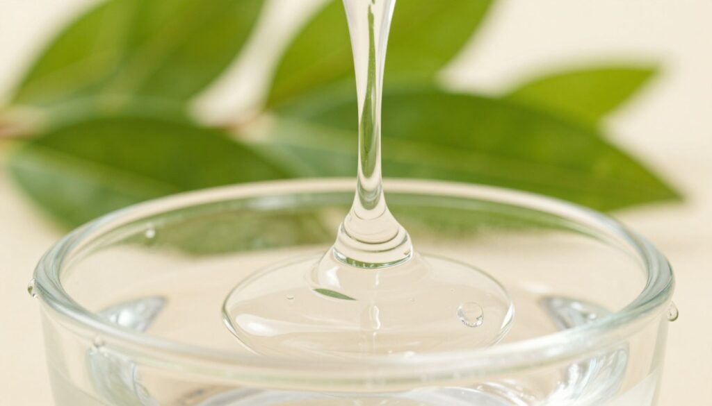 A close-up view of a transparent, gel-like substance representing hyaluronic acid, gracefully flowing down a smooth surface. In the foreground, delicate water droplets cling to the sides of a glass container filled with the substance, showcasing its hydrating properties. The middle layer features a soft-focus background of vibrant green plant leaves, symbolizing natural beauty and skin health. Use soft, diffused lighting to create an inviting atmosphere, highlighting the glossy texture of the hyaluronic acid. The angle should be a slight tilt from above, capturing the richness and depth of the gel while maintaining a sense of elegance. The overall mood is serene and refreshing, evoking a feeling of rejuvenation and skin vitality. A close-up view of a transparent, gel-like substance representing hyaluronic acid, gracefully flowing down a smooth surface. In the foreground, delicate water droplets cling to the sides of a glass container filled with the substance, showcasing its hydrating properties. The middle layer features a soft-focus background of vibrant green plant leaves, symbolizing natural beauty and skin health. Use soft, diffused lighting to create an inviting atmosphere, highlighting the glossy texture of the hyaluronic acid. The angle should be a slight tilt from above, capturing the richness and depth of the gel while maintaining a sense of elegance. The overall mood is serene and refreshing, evoking a feeling of rejuvenation and skin vitality.