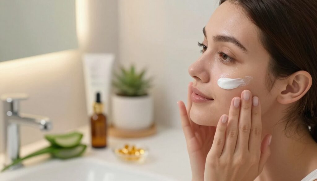 A close-up view of a woman applying a retinoid cream to her face, showcasing her glowing and firm skin. She is in a softly lit bathroom with elegant, clean decor, surrounded by skincare products. The foreground features the woman's hand gently spreading the cream on her cheeks, displaying a look of focus and serenity. In the middle ground, a beautiful arrangement of natural ingredients like aloe vera and vitamin E capsules signifies skincare rituals. The background includes a mirror reflecting warm light, enhancing the peaceful and rejuvenating atmosphere. Shot with a soft focus lens to create a dreamy effect, the image conveys a sense of calm, self-care, and effective home skincare routines.