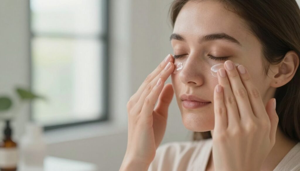 A close-up view of a woman's face demonstrating the proper technique for applying eye cream, focusing on gentle tapping motions around the eyes using her fingertips. The foreground captures her delicate hand position, emphasizing the cream being gently tapped onto the skin. The middle layer showcases her serene expression, highlighting the importance of relaxation during skincare routines. The background is softly blurred, featuring a stylish bathroom setting with natural light filtering through a window, creating a calming, spa-like atmosphere. Use soft, warm lighting to evoke tranquility and care, and employ a shallow depth of field to direct the viewer's attention to the application technique. The woman is dressed in casual, modest clothing, maintaining a professional appearance. A close-up view of a woman's face demonstrating the proper technique for applying eye cream, focusing on gentle tapping motions around the eyes using her fingertips. The foreground captures her delicate hand position, emphasizing the cream being gently tapped onto the skin. The middle layer showcases her serene expression, highlighting the importance of relaxation during skincare routines. The background is softly blurred, featuring a stylish bathroom setting with natural light filtering through a window, creating a calming, spa-like atmosphere. Use soft, warm lighting to evoke tranquility and care, and employ a shallow depth of field to direct the viewer's attention to the application technique. The woman is dressed in casual, modest clothing, maintaining a professional appearance.