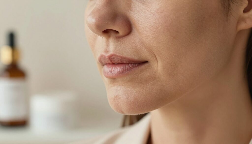 A close-up view of a woman’s face, focusing on the area around her mouth, highlighting fine lines and wrinkles often associated with smoking. She has a natural, fresh complexion and is wearing modest, professional attire. The lighting is soft and warm, creating a gentle glow that emphasizes skin texture without harsh shadows. In the background, a subtle, abstract representation of skincare products like serums and creams can be seen, hinting at self-care. The mood is serene and introspective, encouraging a focus on skincare and self-improvement. The angle captures the contours of her face delicately, ensuring an aesthetic and educational depiction of skin health. A close-up view of a woman’s face, focusing on the area around her mouth, highlighting fine lines and wrinkles often associated with smoking. She has a natural, fresh complexion and is wearing modest, professional attire. The lighting is soft and warm, creating a gentle glow that emphasizes skin texture without harsh shadows. In the background, a subtle, abstract representation of skincare products like serums and creams can be seen, hinting at self-care. The mood is serene and introspective, encouraging a focus on skincare and self-improvement. The angle captures the contours of her face delicately, ensuring an aesthetic and educational depiction of skin health.
