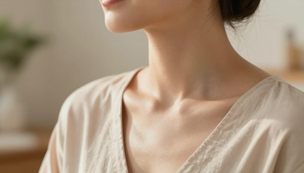 A close-up view of a woman's neck and décolletage area, showcasing healthy and radiant skin. The subject is wearing a light, elegant blouse that complements her natural beauty, with soft, muted colors. The lighting is warm and soft, creating an inviting atmosphere while gently illuminating the contours of the neck and collarbone. In the background, a serene setting of a softly blurred spa room with gentle plants and calming hues enhances the sense of tranquility. The photograph is taken with a shallow depth of field, focusing on the skin's texture and smoothness, evoking a feeling of care and tenderness. The overall mood is serene and rejuvenating, perfect for illustrating the theme of effective skincare routines. A close-up view of a woman's neck and décolletage area, showcasing healthy and radiant skin. The subject is wearing a light, elegant blouse that complements her natural beauty, with soft, muted colors. The lighting is warm and soft, creating an inviting atmosphere while gently illuminating the contours of the neck and collarbone. In the background, a serene setting of a softly blurred spa room with gentle plants and calming hues enhances the sense of tranquility. The photograph is taken with a shallow depth of field, focusing on the skin's texture and smoothness, evoking a feeling of care and tenderness. The overall mood is serene and rejuvenating, perfect for illustrating the theme of effective skincare routines.