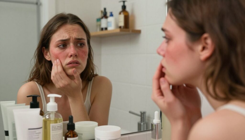 A close-up view of a young woman in a softly lit bathroom, looking concerned as she examines her irritated, inflamed skin in the mirror. In the foreground, there are several common skincare products with labels indicating potential irritants: harsh exfoliants, alcohol-based toners, and heavily fragranced creams. The middle ground shows the woman's reflection, capturing her expression of worry, emphasizing redness and blemishes on her face. In the background, a cluttered shelf holds more skincare items, hinting at an overwhelming routine. The warm, natural lighting casts gentle shadows, creating an intimate and relatable atmosphere. Focus on conveying the theme of skincare mistakes causing inflammation, while maintaining a professional and modest representation of the woman.