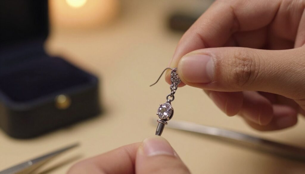 A close-up view of an intricately designed earring, showcasing its detailed craftsmanship and unique features. The earring is set against a softly blurred background with warm, ambient lighting that creates an inviting and focused atmosphere. The foreground highlights the earring's sparkling gemstones and delicate metalwork, capturing the play of light on its surface. The middle layer includes a gentle hand attempting to twist the earring carefully, symbolizing the struggle to unscrew it without causing damage. Additional elements, like a small jewelry box and a pair of tweezers, are subtly positioned in the background to enhance the mood of careful consideration. The composition should evoke a sense of patience and strategy, emphasizing the delicate nature of the task at hand. A close-up view of an intricately designed earring, showcasing its detailed craftsmanship and unique features. The earring is set against a softly blurred background with warm, ambient lighting that creates an inviting and focused atmosphere. The foreground highlights the earring's sparkling gemstones and delicate metalwork, capturing the play of light on its surface. The middle layer includes a gentle hand attempting to twist the earring carefully, symbolizing the struggle to unscrew it without causing damage. Additional elements, like a small jewelry box and a pair of tweezers, are subtly positioned in the background to enhance the mood of careful consideration. The composition should evoke a sense of patience and strategy, emphasizing the delicate nature of the task at hand.