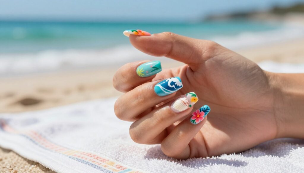 A close-up view of beautifully manicured summer nail art inspired by nature and the sea. The foreground showcases vibrant nails adorned with intricate designs featuring ocean waves, seashells, and tropical flowers, all in bright colors that reflect sunlight. In the middle ground, a hand gently resting on a sun-kissed beach towel highlights a warm bronzed skin tone that complements the nail designs. The background features a soft-focus of a sunny beach scene, with gentle turquoise waves lapping at the shore and a clear blue sky above. The lighting is bright and cheerful, casting soft shadows that enhance the textures of the nails. The overall atmosphere conveys a relaxed, stylish summer vibe, perfect for a fashionable day by the sea. A close-up view of beautifully manicured summer nail art inspired by nature and the sea. The foreground showcases vibrant nails adorned with intricate designs featuring ocean waves, seashells, and tropical flowers, all in bright colors that reflect sunlight. In the middle ground, a hand gently resting on a sun-kissed beach towel highlights a warm bronzed skin tone that complements the nail designs. The background features a soft-focus of a sunny beach scene, with gentle turquoise waves lapping at the shore and a clear blue sky above. The lighting is bright and cheerful, casting soft shadows that enhance the textures of the nails. The overall atmosphere conveys a relaxed, stylish summer vibe, perfect for a fashionable day by the sea.