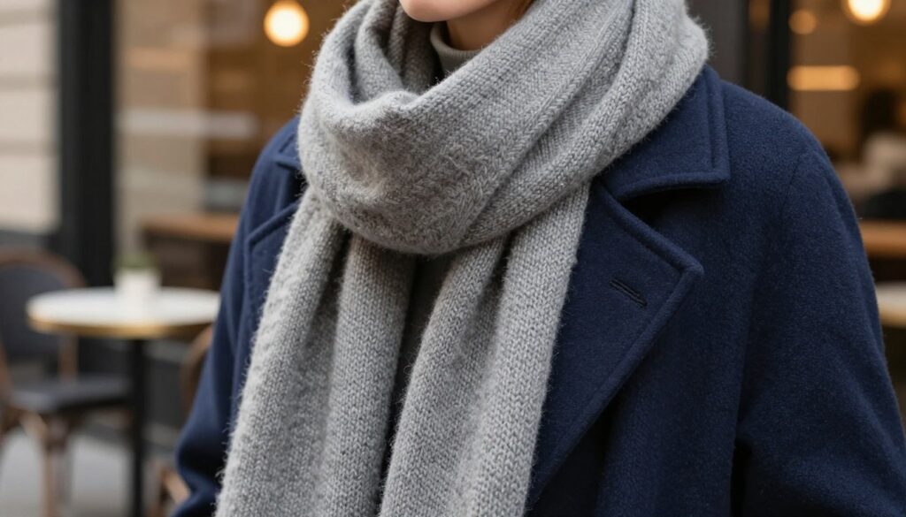 A close-up view of beautifully soft merino wool, showcasing its delicate texture and rich, natural color variations. The foreground features a luxurious, intricately knitted scarf made of merino wool, draped elegantly over a stylish navy blue coat. The middle section displays a softly blurred background of a sophisticated urban setting, perhaps a trendy café or boutique, with warm, ambient lighting that highlights the scarf's sheen and enhances the cozy atmosphere. The scene captures a sense of refined casual elegance, inviting the viewer to appreciate the importance of materials in accessory choices. The composition should evoke a feeling of comfort and class, with a focus on the beauty of the merino wool fabric. A close-up view of beautifully soft merino wool, showcasing its delicate texture and rich, natural color variations. The foreground features a luxurious, intricately knitted scarf made of merino wool, draped elegantly over a stylish navy blue coat. The middle section displays a softly blurred background of a sophisticated urban setting, perhaps a trendy café or boutique, with warm, ambient lighting that highlights the scarf's sheen and enhances the cozy atmosphere. The scene captures a sense of refined casual elegance, inviting the viewer to appreciate the importance of materials in accessory choices. The composition should evoke a feeling of comfort and class, with a focus on the beauty of the merino wool fabric.