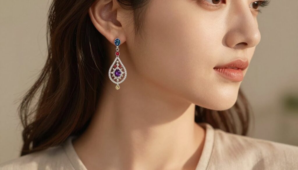 A close-up view of elegant dangling earrings, showcasing intricate designs made of delicate metals and colorful gemstones that catch the light. The foreground features a model in modest casual clothing, with hair styled to highlight the earrings, creating a graceful silhouette that enhances the facial structure. In the middle ground, soft, warm lighting accentuates the shimmer of the earrings, while subtle shadows add depth. The background is softly blurred, featuring a serene, neutral-toned ambiance that draws focus to the earrings. The atmosphere is sophisticated and inviting, evoking a sense of elegance and style that complements the modeling of facial features. A close-up view of elegant dangling earrings, showcasing intricate designs made of delicate metals and colorful gemstones that catch the light. The foreground features a model in modest casual clothing, with hair styled to highlight the earrings, creating a graceful silhouette that enhances the facial structure. In the middle ground, soft, warm lighting accentuates the shimmer of the earrings, while subtle shadows add depth. The background is softly blurred, featuring a serene, neutral-toned ambiance that draws focus to the earrings. The atmosphere is sophisticated and inviting, evoking a sense of elegance and style that complements the modeling of facial features.