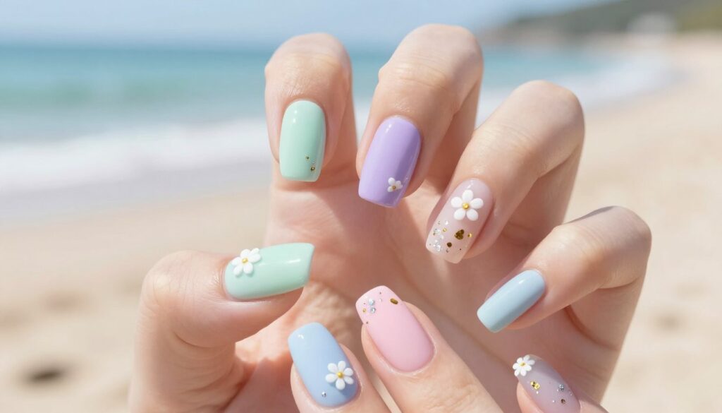 A close-up view of elegant pastel-colored fingernails with soft hues like mint green, lavender, baby pink, and pale blue. Each nail features delicate embellishments such as tiny white flowers, silver glitter accents, and gold confetti, enhancing the fresh summer vibe. The setting is bright and airy, with natural light filtering through, creating a soft glow that emphasizes the colors and details of the nails. In the background, out-of-focus summer elements like beach sand and soft waves suggest a relaxed atmosphere. The composition is shot at a slight angle to showcase the nail art beautifully, evoking a sense of playful sophistication, perfect for summer styling. A close-up view of elegant pastel-colored fingernails with soft hues like mint green, lavender, baby pink, and pale blue. Each nail features delicate embellishments such as tiny white flowers, silver glitter accents, and gold confetti, enhancing the fresh summer vibe. The setting is bright and airy, with natural light filtering through, creating a soft glow that emphasizes the colors and details of the nails. In the background, out-of-focus summer elements like beach sand and soft waves suggest a relaxed atmosphere. The composition is shot at a slight angle to showcase the nail art beautifully, evoking a sense of playful sophistication, perfect for summer styling.