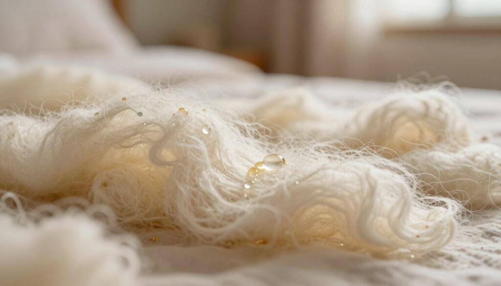 A close-up view of soft, relaxed wool fibers infused with glycerin, showcasing the delicate, flexible texture of the fibers. The foreground features glistening droplets of glycerin highlighting the moisture, with the wool fibers appearing slightly stretched and less compact. In the middle ground, a gentle light source illuminates the scene, creating a warm, inviting atmosphere, while soft shadows add depth. The background is a blurred representation of a cozy indoor setting, conveying a sense of comfort and home. The overall mood should evoke a feeling of care and rejuvenation in the context of fabric maintenance, with a focus on the transformative power of glycerin in relaxing wool fibers. A close-up view of soft, relaxed wool fibers infused with glycerin, showcasing the delicate, flexible texture of the fibers. The foreground features glistening droplets of glycerin highlighting the moisture, with the wool fibers appearing slightly stretched and less compact. In the middle ground, a gentle light source illuminates the scene, creating a warm, inviting atmosphere, while soft shadows add depth. The background is a blurred representation of a cozy indoor setting, conveying a sense of comfort and home. The overall mood should evoke a feeling of care and rejuvenation in the context of fabric maintenance, with a focus on the transformative power of glycerin in relaxing wool fibers.
