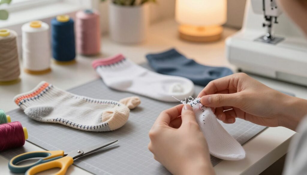 A close-up view of various methods for securing the edges of socks to prevent fraying, featuring sewing techniques like zigzag stitches, fabric glue, and serging. In the foreground, a pair of hands, casually dressed, demonstrate the sewing process with colorful threads and various tools like scissors and a sewing machine. The middle ground showcases different types of fabrics and finished sock edges, highlighting neat finishes. The background is softly blurred, filled with a cozy workspace that includes spools of thread, a cutting mat, and a warm lamp providing soft ambient lighting. The atmosphere is inviting, illustrating a practical DIY approach with a focus on craftsmanship and creativity. A close-up view of various methods for securing the edges of socks to prevent fraying, featuring sewing techniques like zigzag stitches, fabric glue, and serging. In the foreground, a pair of hands, casually dressed, demonstrate the sewing process with colorful threads and various tools like scissors and a sewing machine. The middle ground showcases different types of fabrics and finished sock edges, highlighting neat finishes. The background is softly blurred, filled with a cozy workspace that includes spools of thread, a cutting mat, and a warm lamp providing soft ambient lighting. The atmosphere is inviting, illustrating a practical DIY approach with a focus on craftsmanship and creativity.
