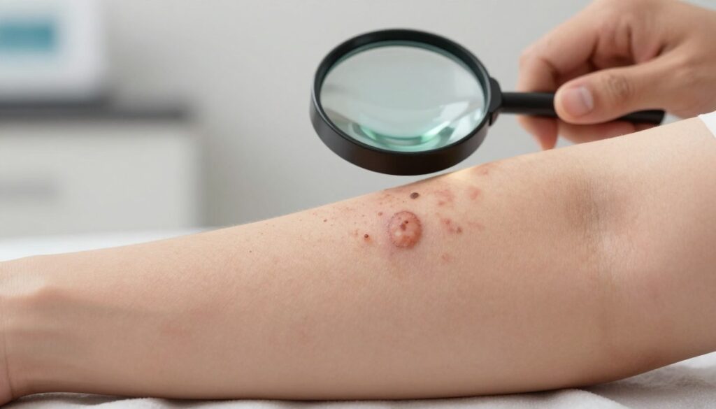 A close-up, well-lit image featuring a diverse range of skin lesions on a human arm, including acne, eczema, and moles. The foreground highlights the skin textures, showing detailed variations in color, shape, and condition. In the middle ground, incorporate a small, professional looking magnifying glass focusing on one specific lesion, emphasizing the act of recognizing skin changes. The background should be softly blurred, featuring neutral tones to ensure the skin remains the focal point. Use natural lighting to create a clear, clinical atmosphere. The entire composition should convey an informative and educational mood, suitable for a professional context, with no text or watermarks present.
