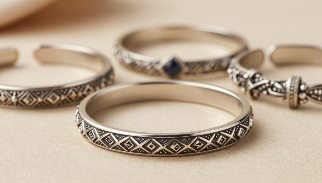 A collection of unique jewelry designs featuring elegant, intricate patterns and decorative motifs. The foreground displays a stunning surgical steel bangle with a geometric, engraved design, showcasing its polished finish and reflective surfaces. In the middle ground, several additional bracelets are artistically arranged, each boasting distinctive filigree and modern embellishments. The background features a soft-focus, textured surface to enhance the jewelry, illuminated by warm, soft lighting that creates a luxurious atmosphere. The scene is captured from a slightly elevated angle to emphasize the details and artistry of the designs, inviting the viewer to explore the unique craftsmanship and beauty of these exceptional pieces.