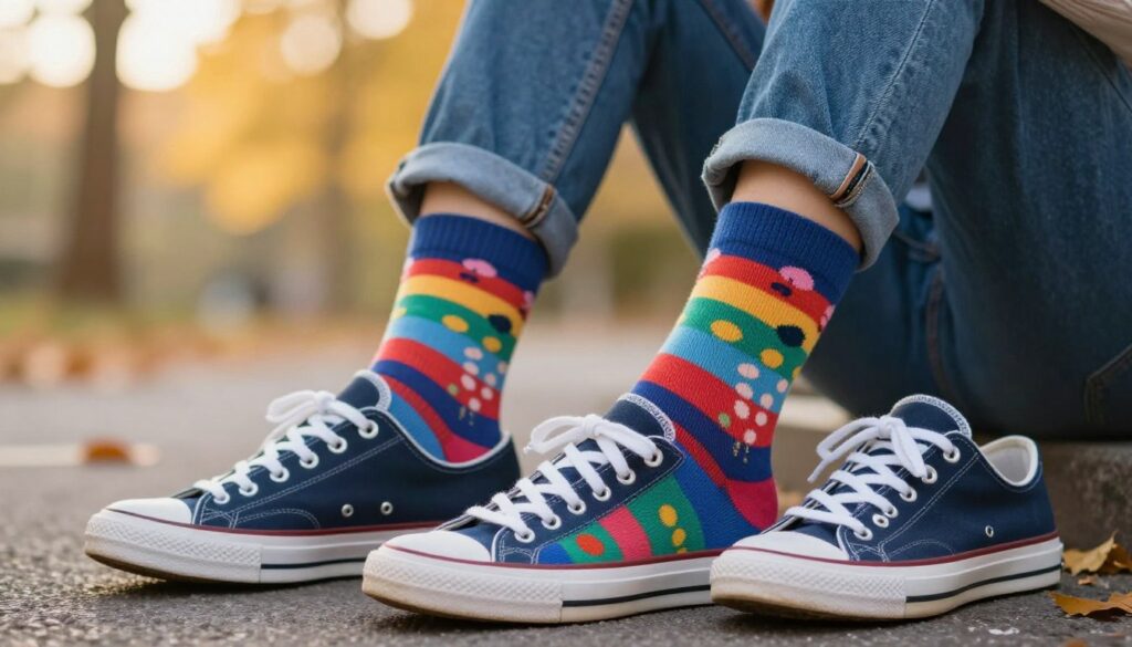 A cozy and inviting scene featuring vibrant patterned socks, suitable for cooler days, paired with trendy sneakers and denim jeans. In the foreground, a close-up of the colorful socks, showcasing a dynamic mix of stripes, polka dots, and floral designs, around a pair of stylish, low-top sneakers. The middle ground includes a softly lit, casual outfit with rolled-up jeans, carefully styled for a laid-back yet fashionable look. The background has a warm, blurred outdoor setting, hinting at a pleasant autumn day with golden leaves and a cool breeze, creating a comfortable and relaxed mood. The lighting is soft and natural, mimicking the gentle glow of a late afternoon sun.