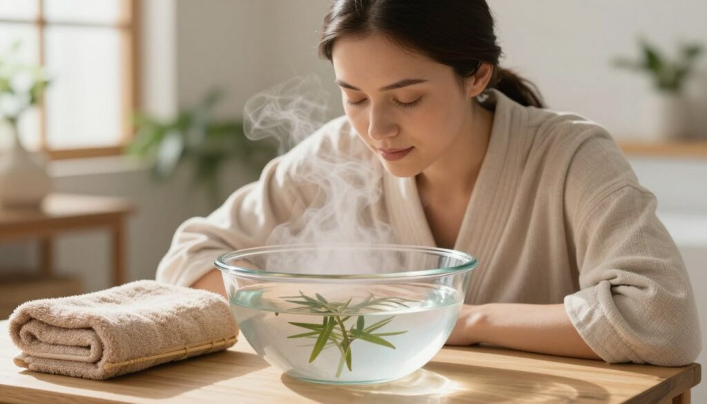A cozy and serene bathroom setting featuring a facial steaming setup. In the foreground, a clear glass bowl filled with steaming hot water infused with tea tree oil, releasing gentle wisps of steam. A bamboo towel rests beside the bowl, emphasizing natural materials. In the middle ground, a woman in a soft, modest cotton robe, with her hair tied back, leans over the bowl, eyes closed in relaxation. The background consists of softly blurred plants, creating a tranquil atmosphere, with natural light streaming in through a window, casting gentle shadows. The overall mood is calming and rejuvenating, highlighting a self-care ritual centered on facial steaming with essential oils. A cozy and serene bathroom setting featuring a facial steaming setup. In the foreground, a clear glass bowl filled with steaming hot water infused with tea tree oil, releasing gentle wisps of steam. A bamboo towel rests beside the bowl, emphasizing natural materials. In the middle ground, a woman in a soft, modest cotton robe, with her hair tied back, leans over the bowl, eyes closed in relaxation. The background consists of softly blurred plants, creating a tranquil atmosphere, with natural light streaming in through a window, casting gentle shadows. The overall mood is calming and rejuvenating, highlighting a self-care ritual centered on facial steaming with essential oils.