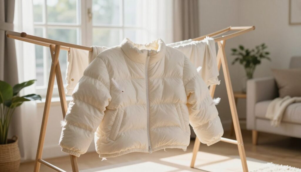 A cozy domestic scene where a puffy jacket is being dried, suspended on a wooden drying rack in a bright, sunlit room. The foreground features the jacket, fluffy and voluminous, with feathers visibly maintaining their structure. In the middle ground, an open window allows soft, natural light to filter in, highlighting the jacket's texture. A serene atmosphere is enhanced by background elements, such as houseplants and soft textiles, suggesting warmth and comfort. The light creates a gentle glow, emphasizing the jacket's clean fabric. The angle captures the scene from a slight low viewpoint, adding depth to the composition, with shadows cast softly across the floor. A cozy domestic scene where a puffy jacket is being dried, suspended on a wooden drying rack in a bright, sunlit room. The foreground features the jacket, fluffy and voluminous, with feathers visibly maintaining their structure. In the middle ground, an open window allows soft, natural light to filter in, highlighting the jacket's texture. A serene atmosphere is enhanced by background elements, such as houseplants and soft textiles, suggesting warmth and comfort. The light creates a gentle glow, emphasizing the jacket's clean fabric. The angle captures the scene from a slight low viewpoint, adding depth to the composition, with shadows cast softly across the floor.