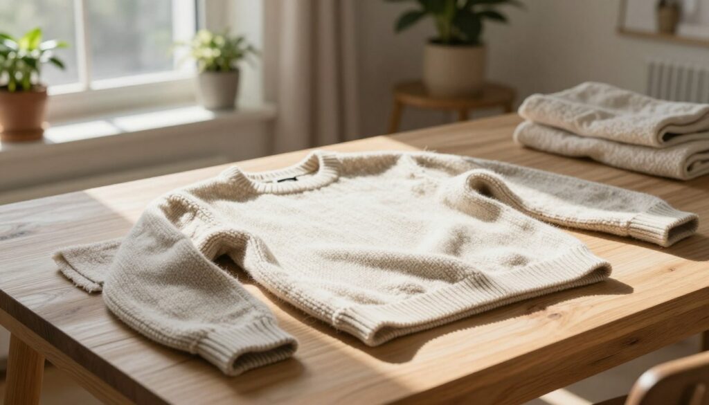 A cozy indoor setting featuring a beautifully textured wool sweater being air-dried. In the foreground, the focus is on the sweater laid flat on a soft, clean towel on a wooden table. The middle ground showcases a gentle light streaming in through a nearby window, casting warm and inviting shadows. In the background, a quaint room is visible, decorated with houseplants and soft textiles to create a comfortable atmosphere. The scene emphasizes proper drying techniques, showcasing the importance of flat drying with no stretching. Soft, natural lighting enhances the tranquility of the space, inviting the viewer to appreciate careful garment care. The overall mood is serene and homely, conveying a sense of warmth and attention to detail. A cozy indoor setting featuring a beautifully textured wool sweater being air-dried. In the foreground, the focus is on the sweater laid flat on a soft, clean towel on a wooden table. The middle ground showcases a gentle light streaming in through a nearby window, casting warm and inviting shadows. In the background, a quaint room is visible, decorated with houseplants and soft textiles to create a comfortable atmosphere. The scene emphasizes proper drying techniques, showcasing the importance of flat drying with no stretching. Soft, natural lighting enhances the tranquility of the space, inviting the viewer to appreciate careful garment care. The overall mood is serene and homely, conveying a sense of warmth and attention to detail.