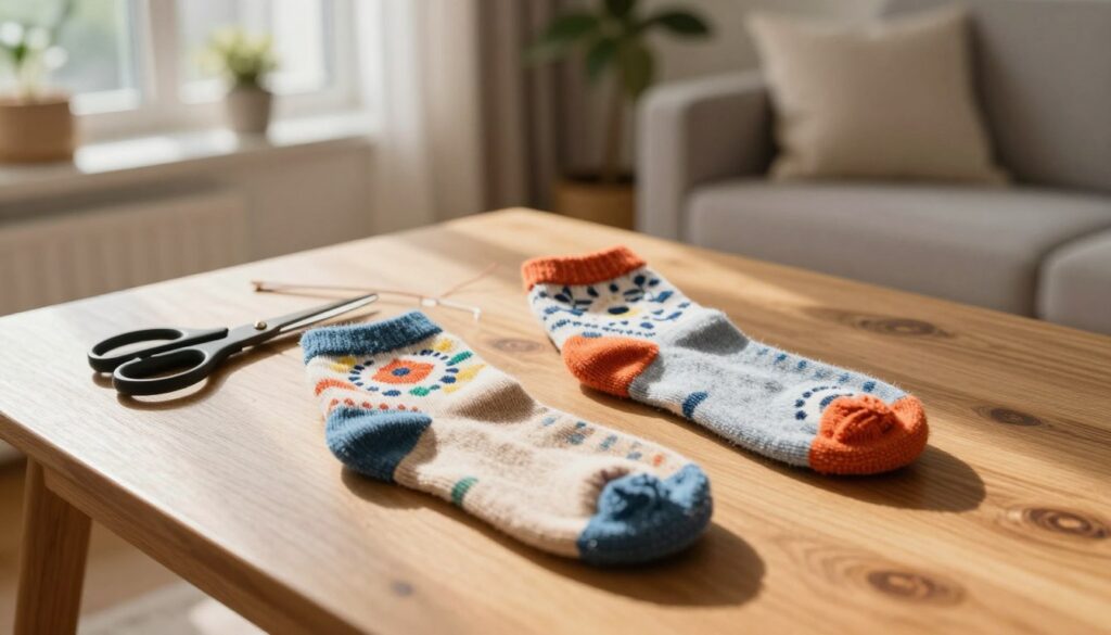 A cozy indoor setting featuring a pair of colorful footie socks (skarpety stopki) laid out on a wooden table. The socks should be creatively cut and styled to illustrate a DIY project, with scissors and a sewing kit nearby. Warm, natural light streams through a window, casting gentle shadows that enhance the textures of the socks. In the background, a bright and inviting living room, with soft cushions and a hint of greenery from potted plants. The overall atmosphere is warm and inviting, showcasing a practical and creative approach to recycling old socks into stylish footies. The image should focus on the craftsmanship and practical use of materials, without any text or distractions. A cozy indoor setting featuring a pair of colorful footie socks (skarpety stopki) laid out on a wooden table. The socks should be creatively cut and styled to illustrate a DIY project, with scissors and a sewing kit nearby. Warm, natural light streams through a window, casting gentle shadows that enhance the textures of the socks. In the background, a bright and inviting living room, with soft cushions and a hint of greenery from potted plants. The overall atmosphere is warm and inviting, showcasing a practical and creative approach to recycling old socks into stylish footies. The image should focus on the craftsmanship and practical use of materials, without any text or distractions.