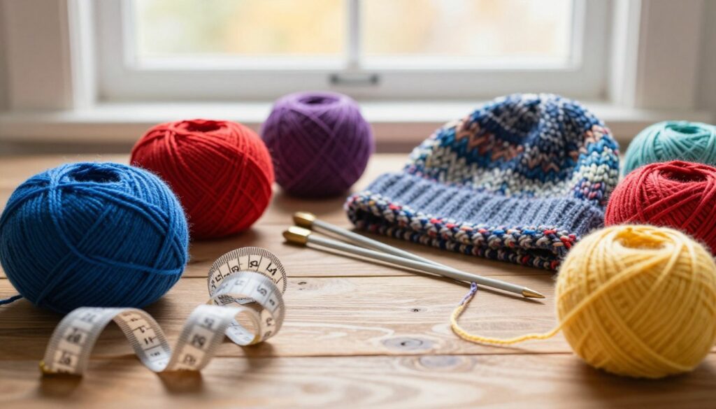 A cozy, inviting scene showcasing various colorful yarn balls in different sizes, arranged on a wooden table. The foreground features several skeins of yarn in vibrant hues like deep blue, bright red, and soft yellow, with a measuring tape delicately placed nearby, symbolizing the concept of yarn quantity for hat making. In the middle ground, a pair of knitting needles lies beside a partially knitted cap, highlighting different stitch patterns. The background showcases a softly blurred window with warm, natural light streaming in, creating a welcoming atmosphere. The image captures the essence of crafting a hat, emphasizing the relationship between yarn amounts, sizes, and stitches, invoking a sense of creativity and warmth. A cozy, inviting scene showcasing various colorful yarn balls in different sizes, arranged on a wooden table. The foreground features several skeins of yarn in vibrant hues like deep blue, bright red, and soft yellow, with a measuring tape delicately placed nearby, symbolizing the concept of yarn quantity for hat making. In the middle ground, a pair of knitting needles lies beside a partially knitted cap, highlighting different stitch patterns. The background showcases a softly blurred window with warm, natural light streaming in, creating a welcoming atmosphere. The image captures the essence of crafting a hat, emphasizing the relationship between yarn amounts, sizes, and stitches, invoking a sense of creativity and warmth.