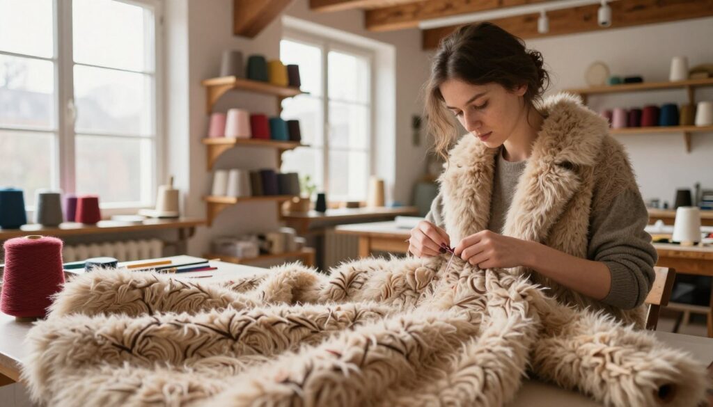 A cozy scene featuring a craftsperson in a sunlit workshop, meticulously stitching together a luxurious alpaca coat. In the foreground, focus on the rich texture and intricate patterns of the alpaca fabric, showcasing its softness and warmth. The middle ground includes shelves filled with colorful yarn and tools, emphasizing the artisanal nature of the work. In the background, large windows allow natural light to pour in, illuminating the workshop's wooden beams and creating a welcoming atmosphere. The overall mood is one of craftsmanship and dedication, highlighting the beauty and quality of alpaca coats made in Poland. The image should capture the essence of handmade luxury in an inviting, bright environment.