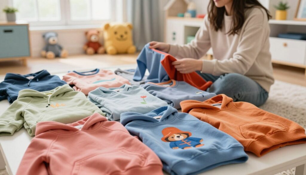 A cozy scene featuring a selection of children's clothing made from safe, soft materials, emphasizing the importance of material safety for young users. In the foreground, a neatly arranged assortment of colorful hoodies and sweaters with playful designs, including a Paddington Bear motif, with visible fabric textures highlighting their softness and durability. The middle ground shows a parent gently inspecting the clothing while sitting on a soft rug, portraying a sense of care. The background reveals a bright, airy children's room filled with playful decor, such as soft toys and cheerful colors. The soft, natural lighting filters through a nearby window, creating a warm and inviting atmosphere. The angle captures the essence of comfort and safety, resonating with the theme of child-friendly materials. A cozy scene featuring a selection of children's clothing made from safe, soft materials, emphasizing the importance of material safety for young users. In the foreground, a neatly arranged assortment of colorful hoodies and sweaters with playful designs, including a Paddington Bear motif, with visible fabric textures highlighting their softness and durability. The middle ground shows a parent gently inspecting the clothing while sitting on a soft rug, portraying a sense of care. The background reveals a bright, airy children's room filled with playful decor, such as soft toys and cheerful colors. The soft, natural lighting filters through a nearby window, creating a warm and inviting atmosphere. The angle captures the essence of comfort and safety, resonating with the theme of child-friendly materials.