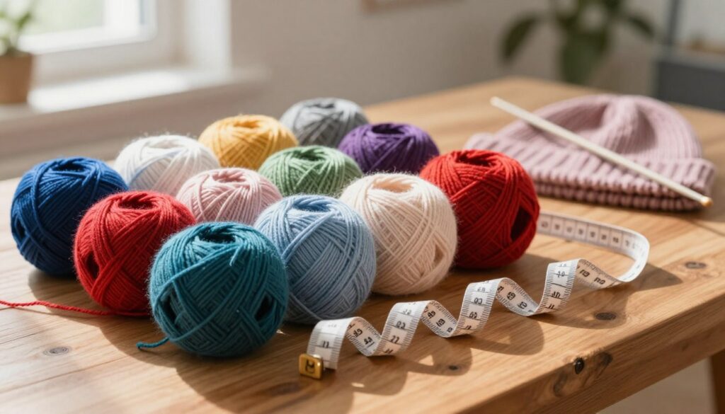 A cozy scene featuring a vibrant array of yarn skeins in various colors, neatly arranged on a wooden table, with a measuring tape laid nearby. In the background, a slightly blurred workspace with knitting needles and a half-finished beanie cap provides context. Soft natural light streams through a nearby window, casting gentle shadows and highlighting the textures of the yarn. The scene evokes a warm, inviting atmosphere, suitable for anyone interested in the craft of knitting. The focus is sharp on the yarn and measuring tape, while the background remains softly out of focus, enhancing the main subject. This image captures the essence of planning and estimating yarn requirements for knitting a hat based on size and stitch, inviting creativity and exploration. A cozy scene featuring a vibrant array of yarn skeins in various colors, neatly arranged on a wooden table, with a measuring tape laid nearby. In the background, a slightly blurred workspace with knitting needles and a half-finished beanie cap provides context. Soft natural light streams through a nearby window, casting gentle shadows and highlighting the textures of the yarn. The scene evokes a warm, inviting atmosphere, suitable for anyone interested in the craft of knitting. The focus is sharp on the yarn and measuring tape, while the background remains softly out of focus, enhancing the main subject. This image captures the essence of planning and estimating yarn requirements for knitting a hat based on size and stitch, inviting creativity and exploration.