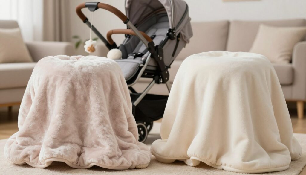 A cozy scene featuring two types of baby blankets - one with filling and one without - displayed side by side. The foreground shows the plush, thickly padded blanket, showcasing its softness and cozy texture, with a light pastel color and a subtle pattern. Beside it, a lightweight, flat blanket in a contrasting soft color, demonstrating its elegance and simplicity. In the middle, a stylish stroller partially visible, adorned with winter accessories, accentuating the seasonal theme. The background is a softly blurred cozy living room, with warm lighting casting a gentle glow, enhancing the invitation to warmth and comfort. The atmosphere is tranquil and inviting, perfect for illustrating the warmth of winter. A cozy scene featuring two types of baby blankets - one with filling and one without - displayed side by side. The foreground shows the plush, thickly padded blanket, showcasing its softness and cozy texture, with a light pastel color and a subtle pattern. Beside it, a lightweight, flat blanket in a contrasting soft color, demonstrating its elegance and simplicity. In the middle, a stylish stroller partially visible, adorned with winter accessories, accentuating the seasonal theme. The background is a softly blurred cozy living room, with warm lighting casting a gentle glow, enhancing the invitation to warmth and comfort. The atmosphere is tranquil and inviting, perfect for illustrating the warmth of winter.