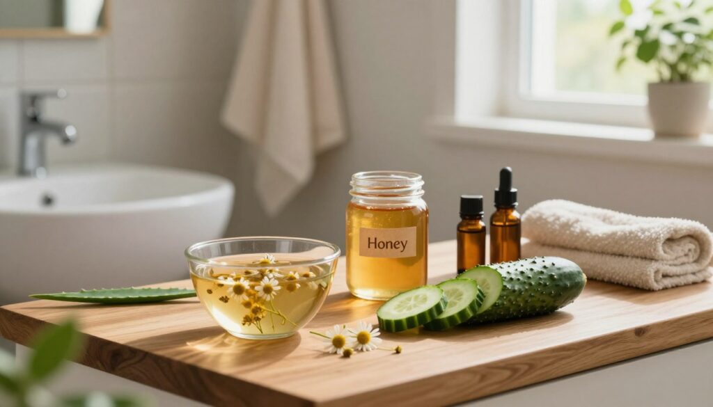 A cozy, well-lit bathroom scene showcasing a wooden countertop filled with natural skincare remedies. In the foreground, a bowl of soothing chamomile tea rests next to freshly sliced cucumbers and aloe vera leaves, symbolizing home remedies for irritated skin. Soft diffused lighting enhances the greenery of the plants nearby, creating a calming atmosphere. In the middle, a glass jar labeled 'Honey' catches the warm light, while a few essential oils add to the aesthetic. In the background, soft towels hang neatly, and a small window lets in gentle sunlight, giving a serene vibe. The composition evokes a sense of tranquility and effectiveness, highlighting the theme of quick relief for skin inflammation.