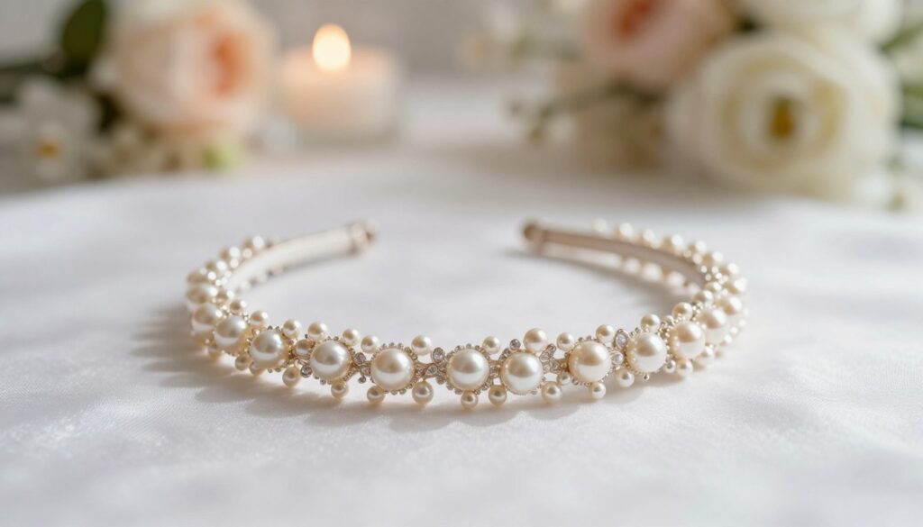 A delicate wedding headband adorned with small, shimmering pearls, elegantly positioned on a soft, textured surface of white satin. The headband reflects gentle lighting that highlights the lustrous qualities of the pearls, casting subtle shadows on the fabric beneath. In the background, a blurred image of a romantic bridal setting with soft floral arrangements and ambient lighting creates an ethereal atmosphere. The focus is sharp on the headband, showcasing its intricate details and craftsmanship. The overall mood is one of sophistication and romanticism, capturing the essence of a bride's elegance. The composition is photographed with a shallow depth of field to emphasize the headband, evoking a serene and enchanting feeling. A delicate wedding headband adorned with small, shimmering pearls, elegantly positioned on a soft, textured surface of white satin. The headband reflects gentle lighting that highlights the lustrous qualities of the pearls, casting subtle shadows on the fabric beneath. In the background, a blurred image of a romantic bridal setting with soft floral arrangements and ambient lighting creates an ethereal atmosphere. The focus is sharp on the headband, showcasing its intricate details and craftsmanship. The overall mood is one of sophistication and romanticism, capturing the essence of a bride's elegance. The composition is photographed with a shallow depth of field to emphasize the headband, evoking a serene and enchanting feeling.