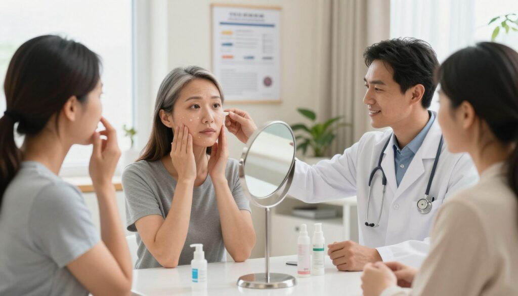 A dermatologist’s consultation scene set in a bright and welcoming clinic. In the foreground, a diverse group of individuals, including a middle-aged woman with fair skin examining her face in a mirror, concerned about small white bumps, and a dermatologist in a white lab coat, offering advice with a reassuring smile. In the middle, a well-lit examination room showcasing medical charts and skincare products on a countertop, emphasizing a professional atmosphere. Soft, natural lighting from a window creates a warm and inviting feel, while the background features soothing colors and elements like plants to promote a sense of calm. The overall mood should convey trust, professionalism, and the importance of seeking skin care advice. A dermatologist’s consultation scene set in a bright and welcoming clinic. In the foreground, a diverse group of individuals, including a middle-aged woman with fair skin examining her face in a mirror, concerned about small white bumps, and a dermatologist in a white lab coat, offering advice with a reassuring smile. In the middle, a well-lit examination room showcasing medical charts and skincare products on a countertop, emphasizing a professional atmosphere. Soft, natural lighting from a window creates a warm and inviting feel, while the background features soothing colors and elements like plants to promote a sense of calm. The overall mood should convey trust, professionalism, and the importance of seeking skin care advice.